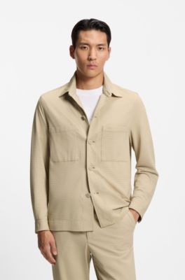 Relaxed-fit overshirt in stretch seersucker, Light Beige
