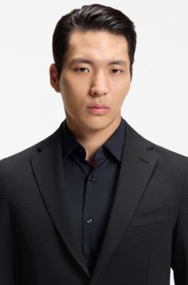 Slim-fit suit jacket in stretch seersucker, Black