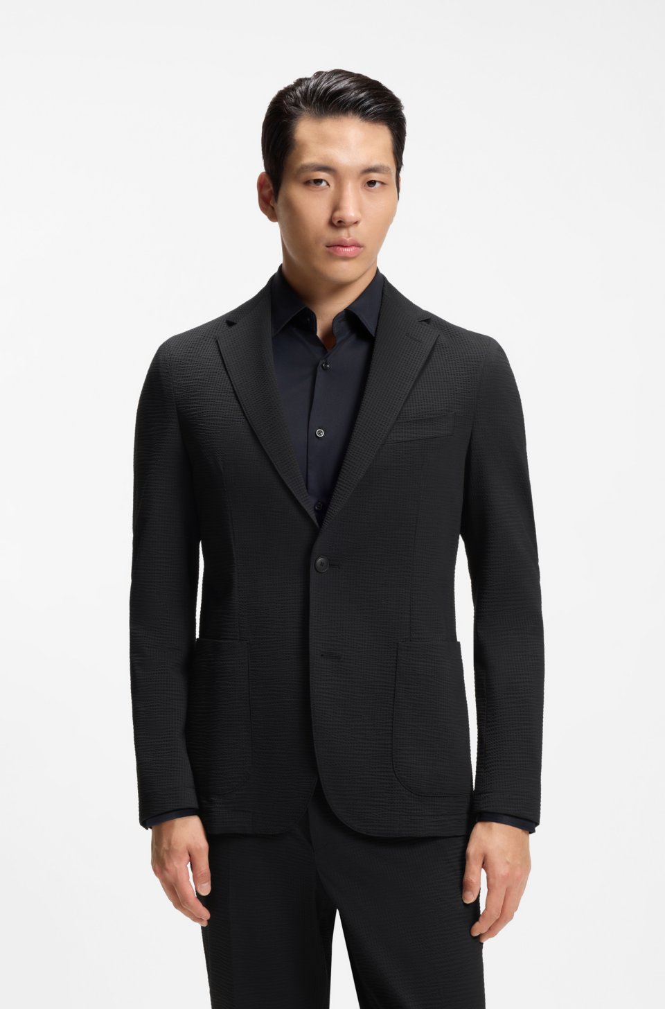 Slim-fit suit jacket in stretch seersucker