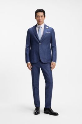Pantalones formales de tejido el&aacute;stico con microestampado, Azul oscuro
