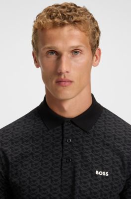 Paddy polo shirt in stretch cotton with printed pattern, Black