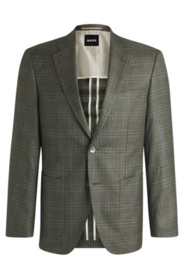 Regular-fit checked blazer in wool, silk and linen, Dark Green