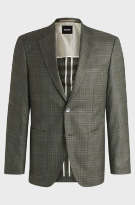 Regular-fit checked blazer in wool, silk and linen, Dark Green