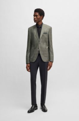 Regular-fit checked blazer in wool, silk and linen, Dark Green