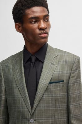 Regular-fit checked blazer in wool, silk and linen, Dark Green