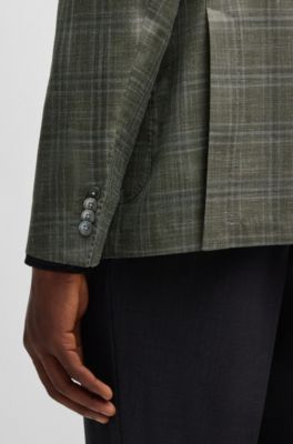 Regular-fit checked blazer in wool, silk and linen, Dark Green