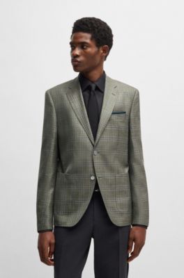 Regular-fit checked blazer in wool, silk and linen, Dark Green