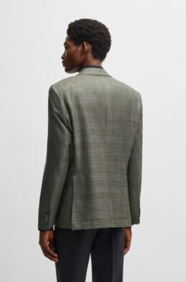 Regular-fit checked blazer in wool, silk and linen, Dark Green