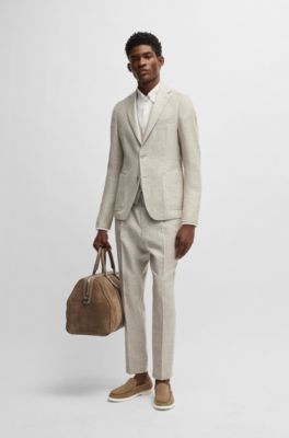 Pantalon habill&eacute; en tissu stretch &agrave; micro motif, Beige clair