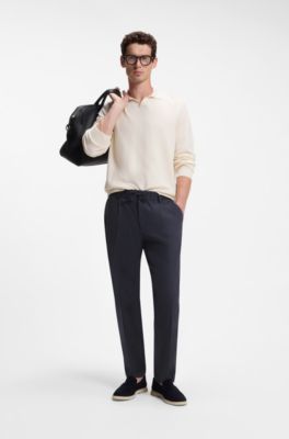 Tapered-fit machine-washable tailored trousers in a linen blend, Dark Blue