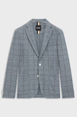 Slim-fit blazer in checked stretch fabric, Blue Patterned