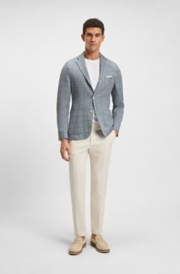 Slim-fit blazer in checked stretch fabric, Blue Patterned