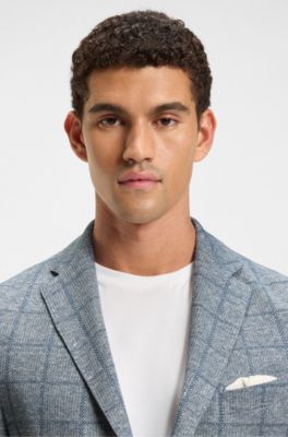 Slim-fit blazer in checked stretch fabric, Blue Patterned