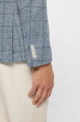 Slim-fit blazer in checked stretch fabric, Blue Patterned