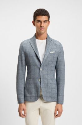 Slim-fit blazer in checked stretch fabric, Blue Patterned