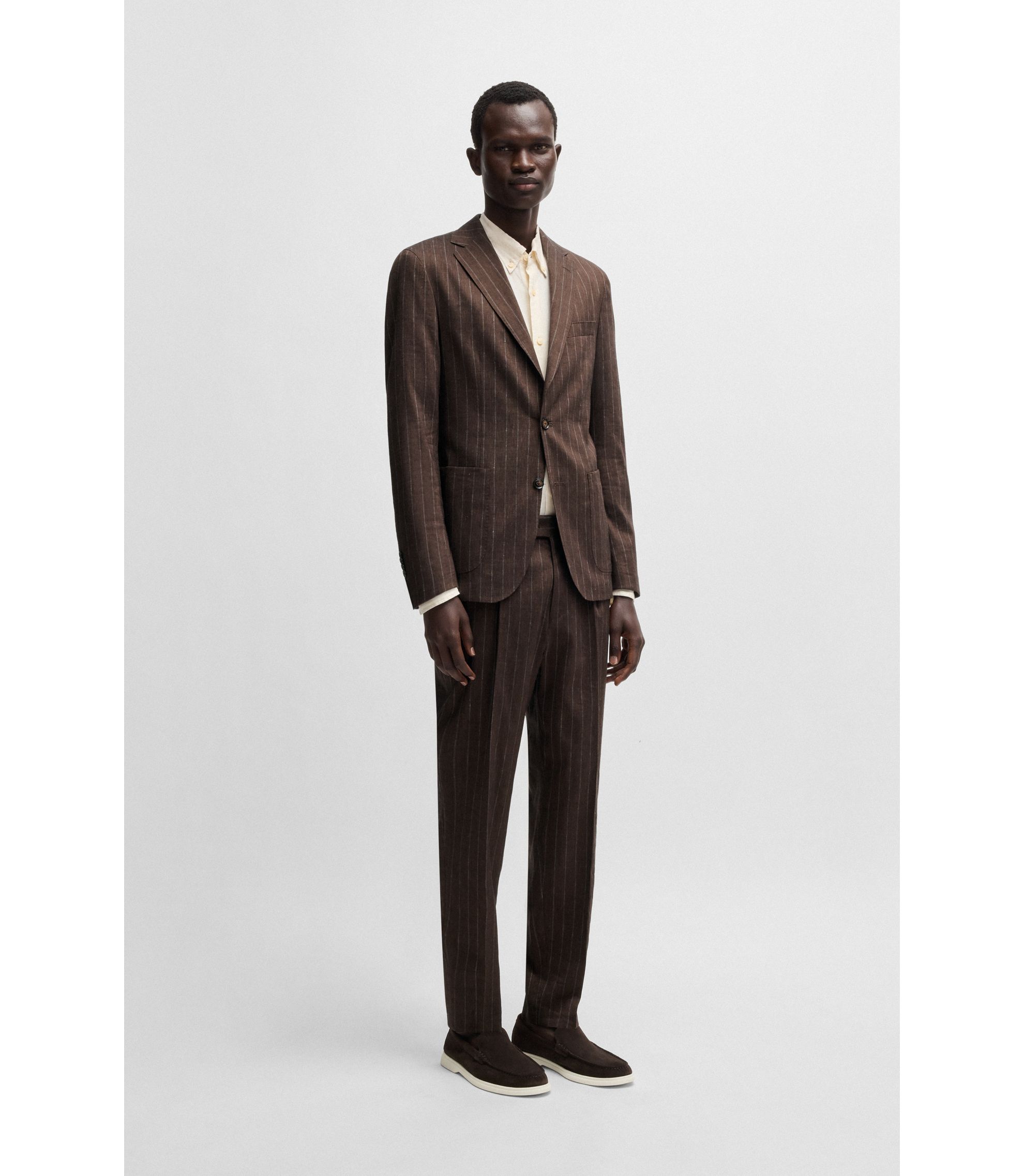 【美品】 HUGO BOSS ウール ピンストライプ セットアップ スーツ BOSS - ピンストライプスーツ リネン/ウール ストレッチ