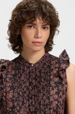 Pleated regular-fit blouse in printed cotton voile, Patterned
