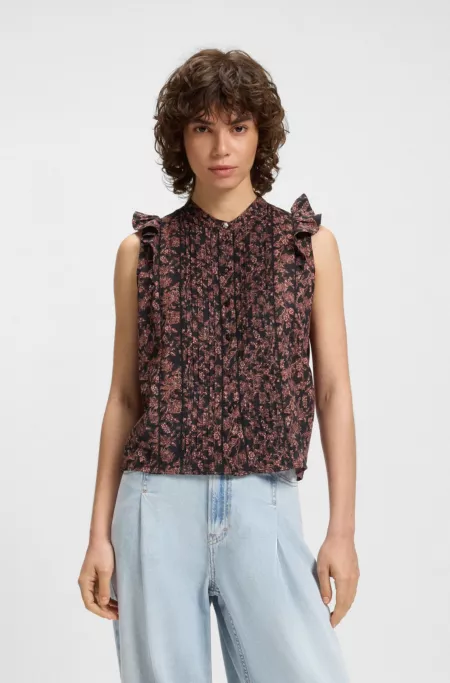 Pleated regular-fit blouse in printed cotton voile
