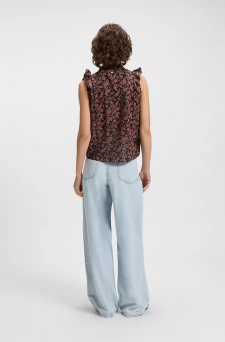 Pleated regular-fit blouse in printed cotton voile