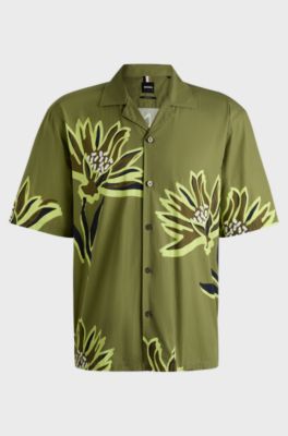 Relaxed-fit shirt in Italian-made floral-print cotton, Green