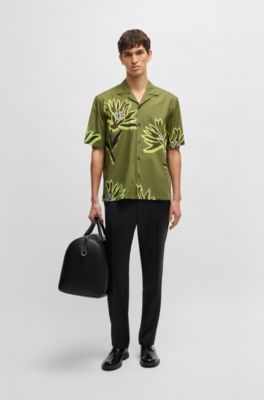 Relaxed-fit shirt in Italian-made floral-print cotton, Green