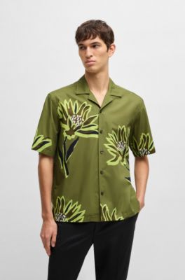 Relaxed-fit shirt in Italian-made floral-print cotton, Green
