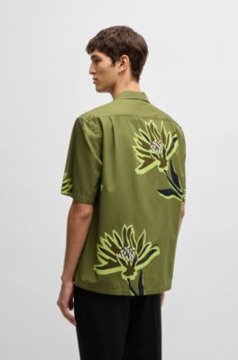 Relaxed-fit shirt in Italian-made floral-print cotton, Green