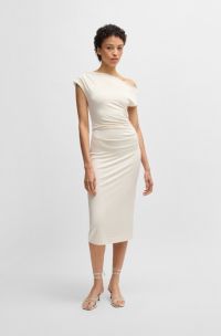 Vestito in jersey elasticizzato con scollatura Bardot, Colore neutro