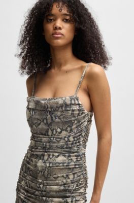 Jurk met korsetlijfje en mesh overlay met plooitjes, Bedrukt