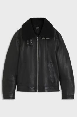 Veste en cuir avec col en peau retourn&eacute;e, Noir