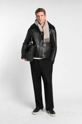 Veste en cuir avec col en peau retourn&eacute;e, Noir