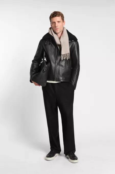 Leather jacket with shearling collar
