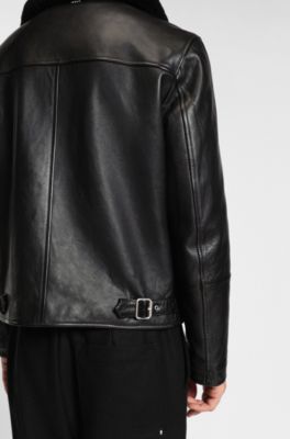 Veste en cuir avec col en peau retourn&eacute;e, Noir