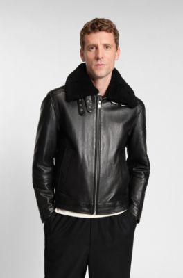Veste en cuir avec col en peau retourn&eacute;e, Noir