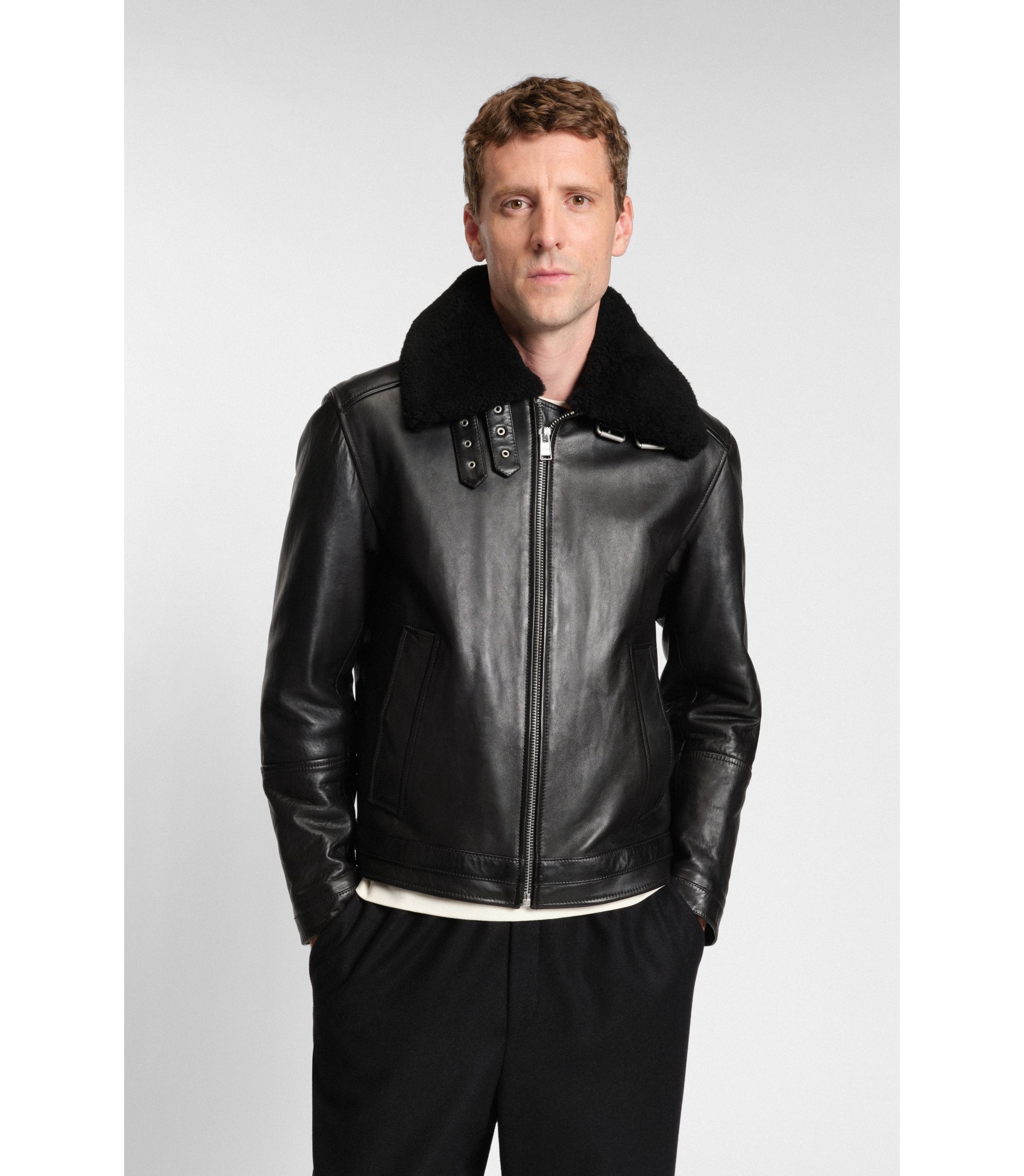 BOSS - レザージャケット シアリングカラー - ブラック