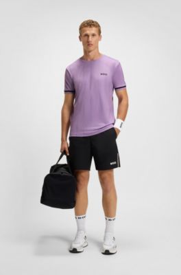 Contrast-logo T-shirt with cuff stripes, Light Purple