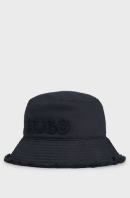 Cotton bucket hat with logo and fringing, Black