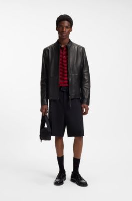 Slim-fit jacket in grained leather, Black