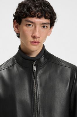 Slim-fit jacket in grained leather, Black