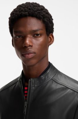 Slim-fit jacket in grained leather, Black