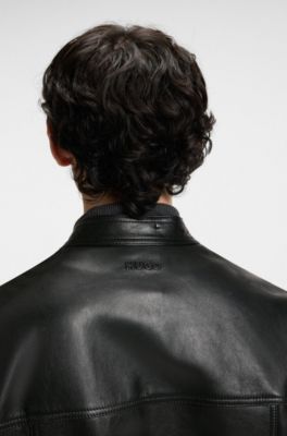 Slim-fit jacket in grained leather, Black