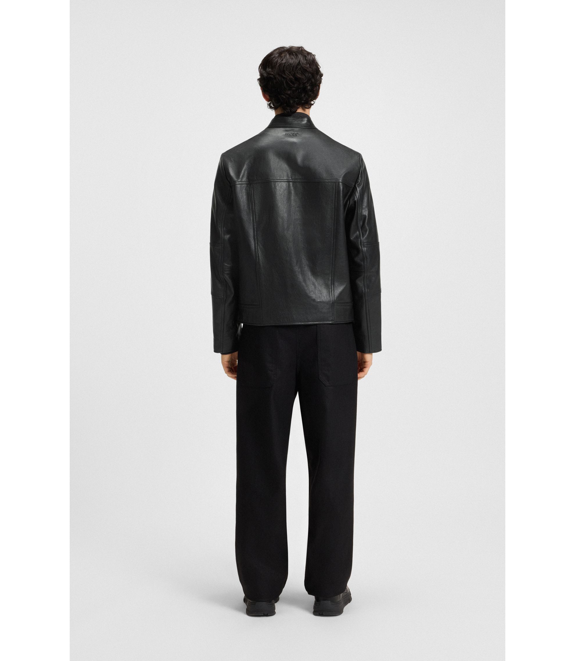 フード付きスリムフィットレザージャケット HUGO - スリムフィット ジャケット グレインレザー - ブラック