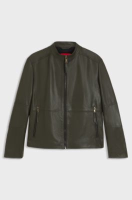 Slim-fit jacket in grained leather, Dark Green
