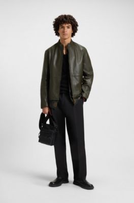Slim-Fit Jacke aus genarbtem Leder, Dunkelgr&uuml;n
