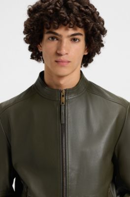 Veste Slim en cuir grain&eacute;, Vert sombre