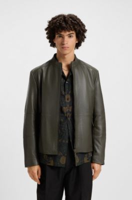 Slim-fit jas van generfd leer, Donkergroen