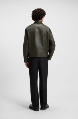 Slim-fit jas van generfd leer, Donkergroen