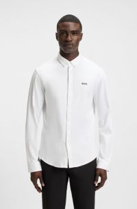 Regular-fit shirt in crease-resistant cotton jersey, White