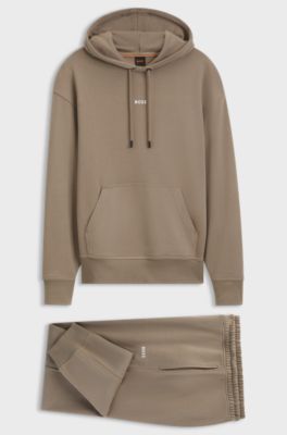 Casual cotton tracksuit set with a minimalist logo, Beige