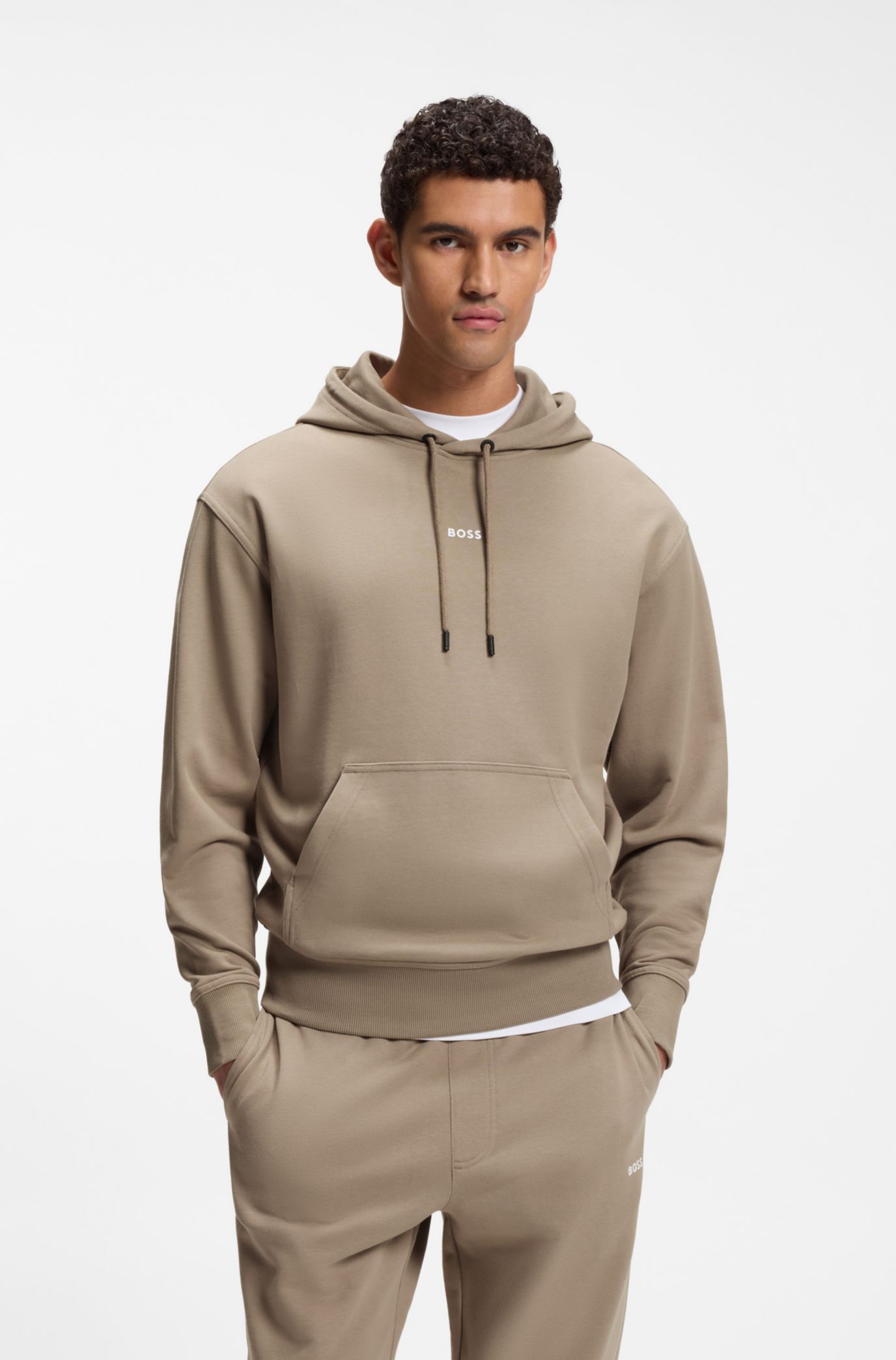 Casual cotton tracksuit set with a minimalist logo, Beige